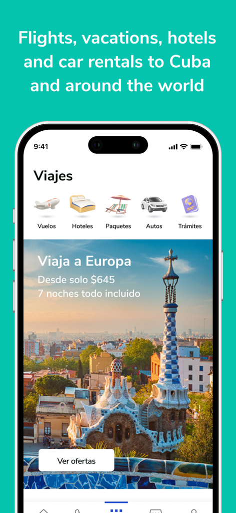 Cuballama has it all - Cuballama mobile App Reiseoberfläche mit Optionen für Flüge, Hotels und Mietwagen mit Urlaubsangeboten