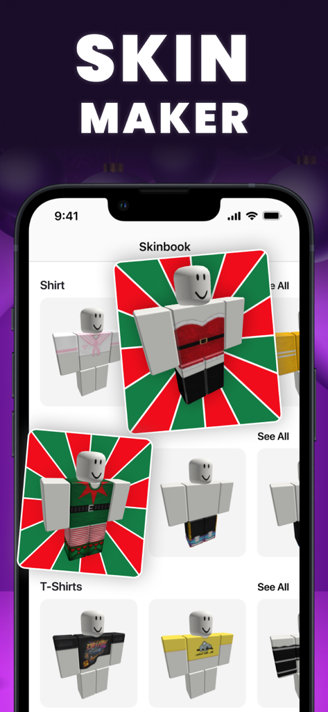 Interface de l'application Skins and Avatars Clothes Maker montrant une bibliothèque de modèles de vêtements Roblox personnalisés, y compris des tenues thématiques pour les fêtes