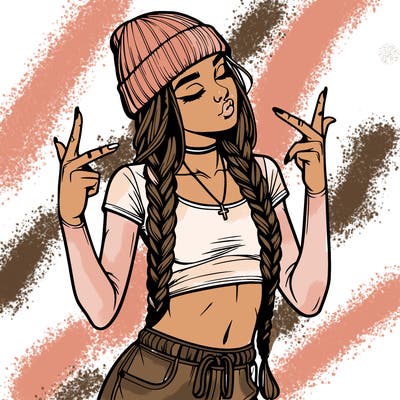 realistic teenage girl with braids and a beanie and crop top doing 🫶🏼