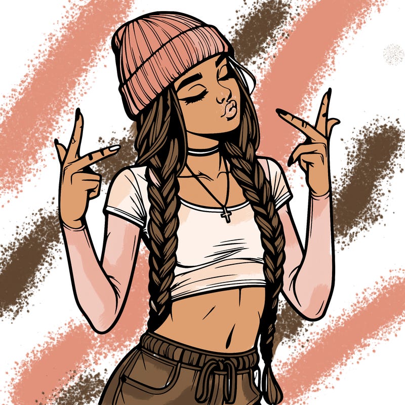 realistic teenage girl with braids and a beanie and crop top doing 🫶🏼