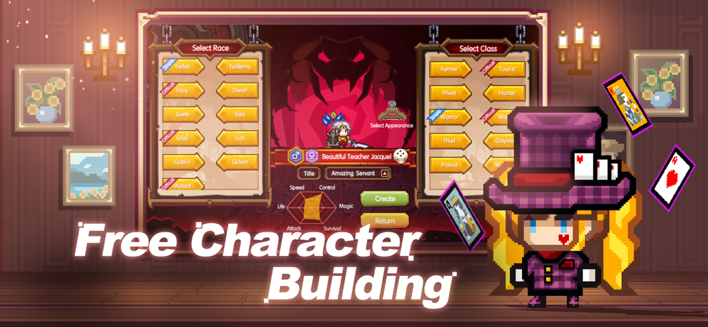 Elona Mobile - Character creation menu in Elona Mobile showing race and class selection with pixel art graphics