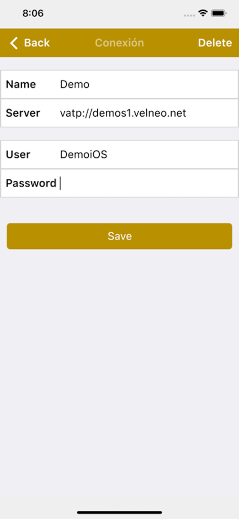 Velneo vClient - Connection setup screen for Velneo vClient app with server and user input fields