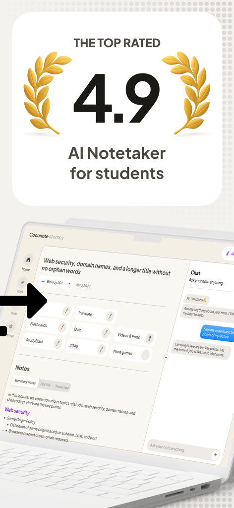 Coconote - AI Note Taker - Coconote 앱 인터페이스, 노트북에서 4.9점 평가와 퀴즈 및 요약과 같은 AI 학습 도구 표시