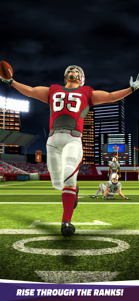 Flick Quarterback 25 - An American football player celebrating on the field under stadium lights with the text rise through the ranks