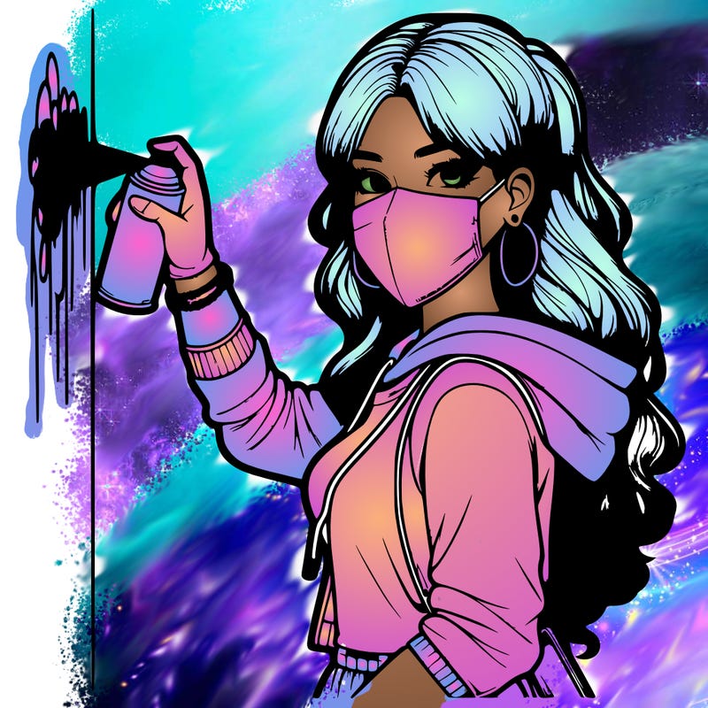 realistic girl with mask spray painting a wall