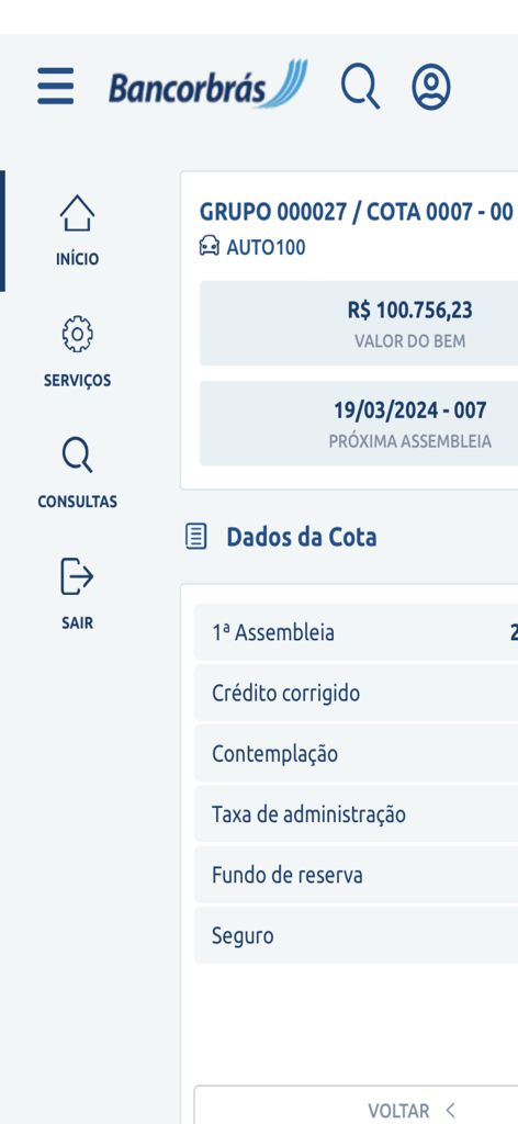 Una captura de pantalla de la aplicación móvil Meu Consórcio Bancorbrás que muestra los detalles de la cuota del consorcio e información financiera