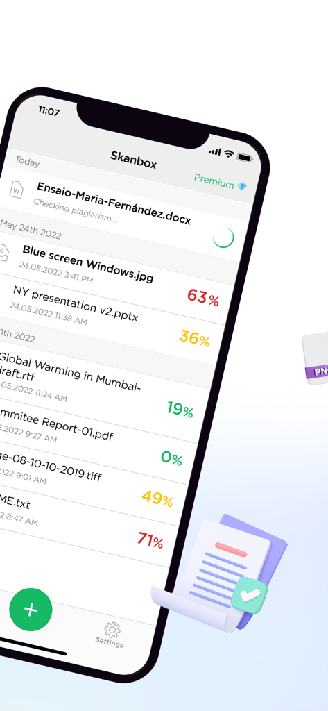 Skandy AI - Plagiarism Checker - Pantalla del iPhone que muestra la aplicación Skandy AI Skanbox con una lista de documentos escaneados y sus puntuaciones de porcentaje de plagio