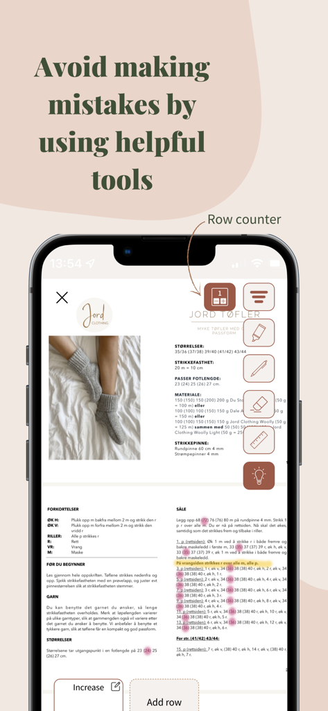 Knitandnote: Knitting App - Smartphone screen displaying knitting tools like a row counter and pattern highlighter in the Knitandnote app