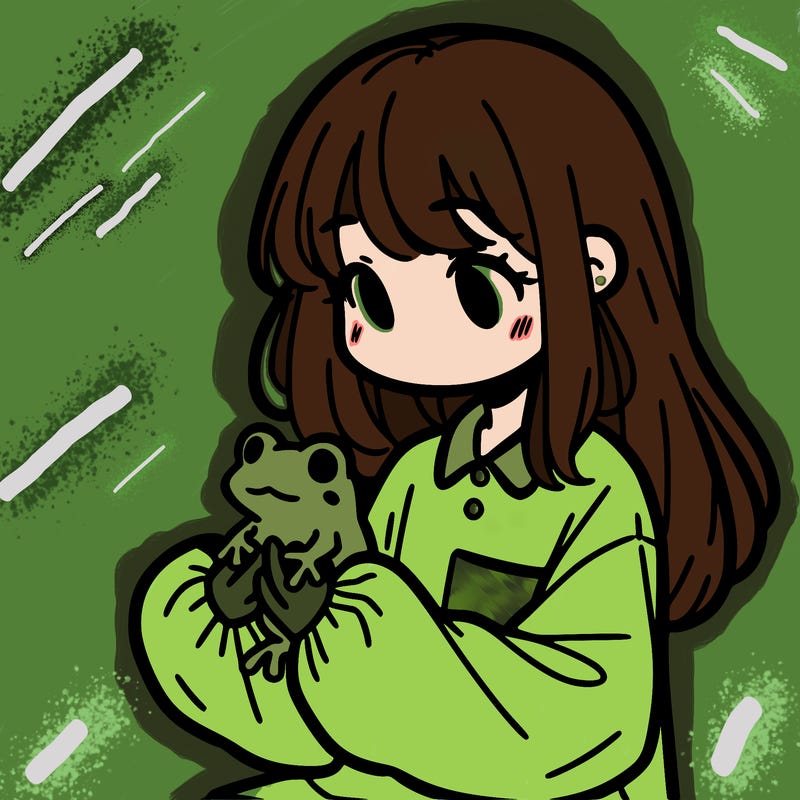 girl with long hair and a oversized shirt. and she is holding a frog