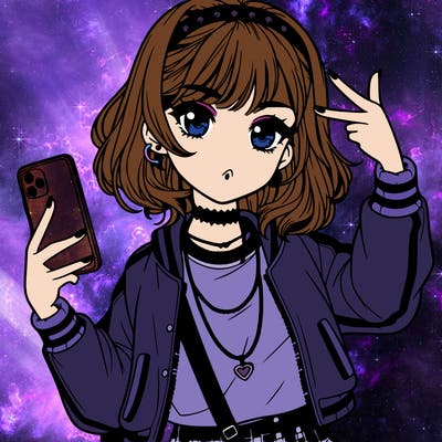 beautiful manga girl with phone and selfie doing the girl power sign and wearing really trendy clothes with cool hair