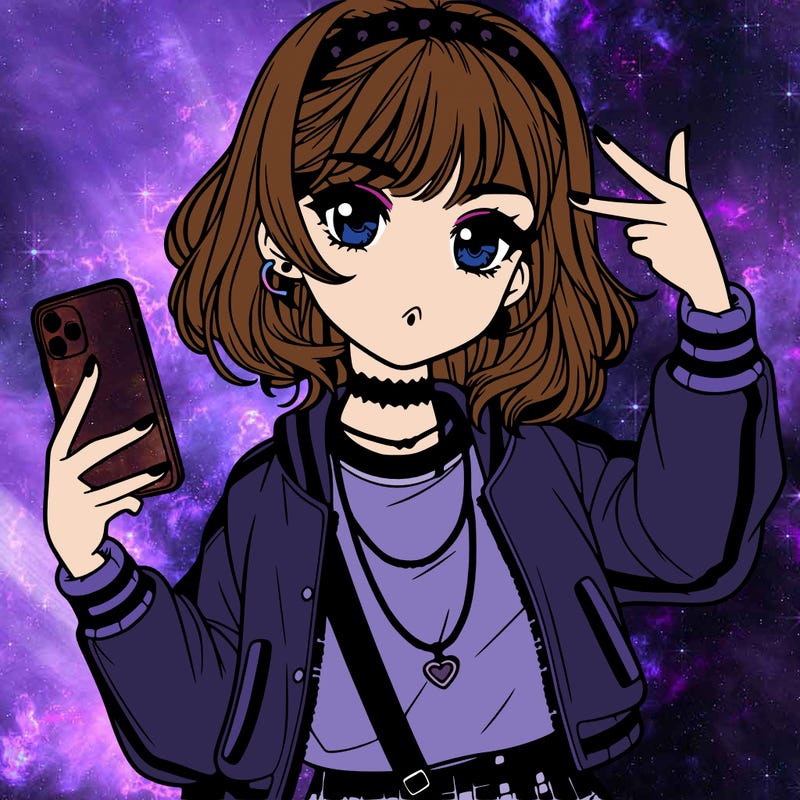 beautiful manga girl with phone and selfie doing the girl power sign and wearing really trendy clothes with cool hair