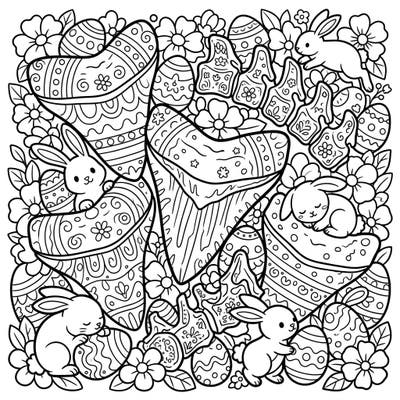Unleash your creativity with this extraordinary coloring page, blending majestic Megalodon fossils with the joyful spirit of Easter. Discover playful bunnies, ornate eggs, and blooming flowers surrounding ancient teeth and vertebrae, ready for your artistic touch.