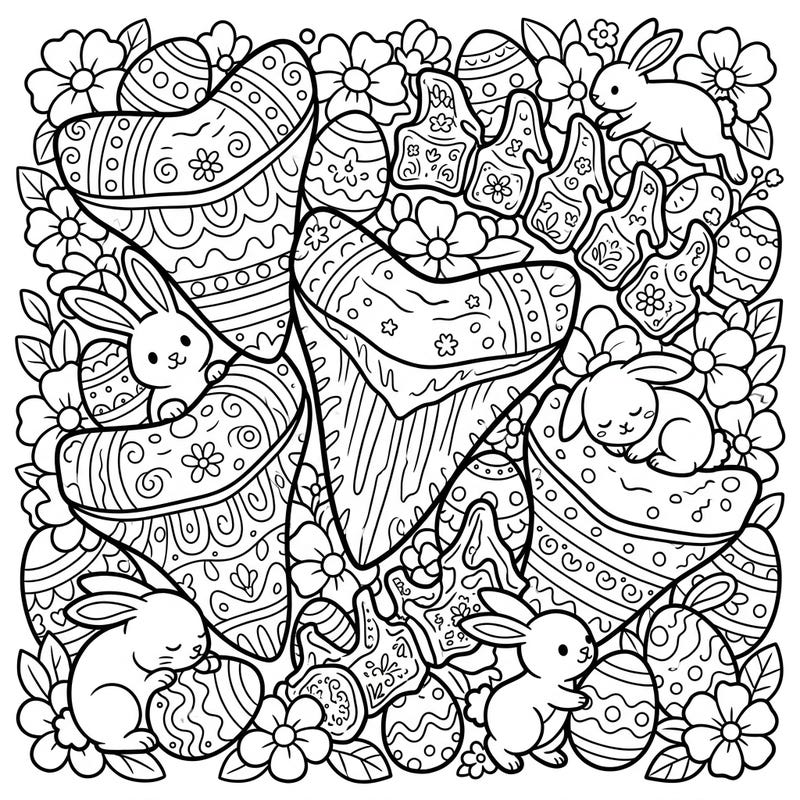 Unleash your creativity with this extraordinary coloring page, blending majestic Megalodon fossils with the joyful spirit of Easter. Discover playful bunnies, ornate eggs, and blooming flowers surrounding ancient teeth and vertebrae, ready for your artistic touch.