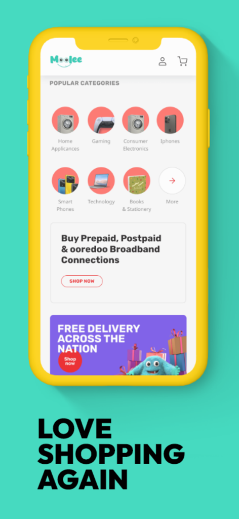 Moolee online marketplace interface in the Ooredoo Maldives app featuring popular shopping categories