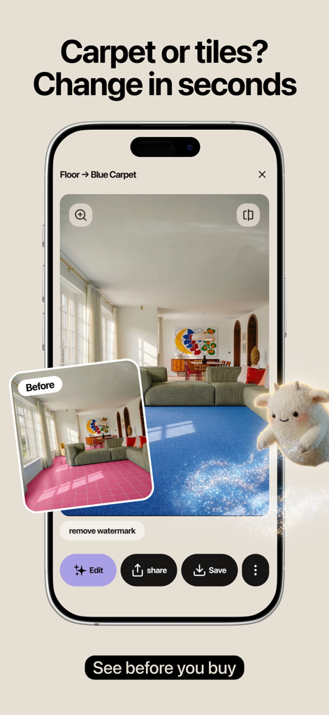Happy Space - AI Home Design - Happy Space app interface demonstrating AI powered room flooring transformation from pink tiles to blue carpet