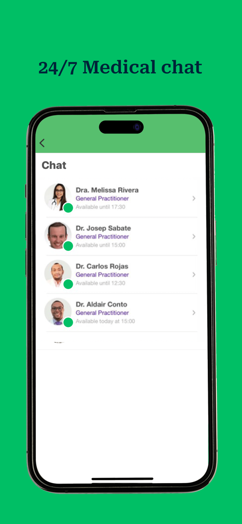 Heymondo app interface showing 24/7 medical chat with available general practitioners