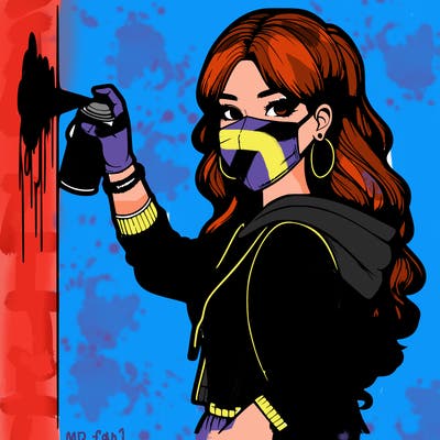 realistic girl with mask spray painting a wall