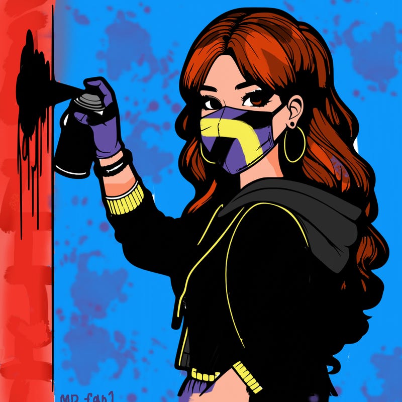 realistic girl with mask spray painting a wall