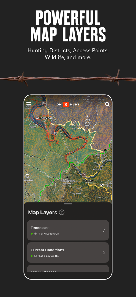 onX Hunt app screenshot showing topographical map layers for hunting districts and wildlife areas
