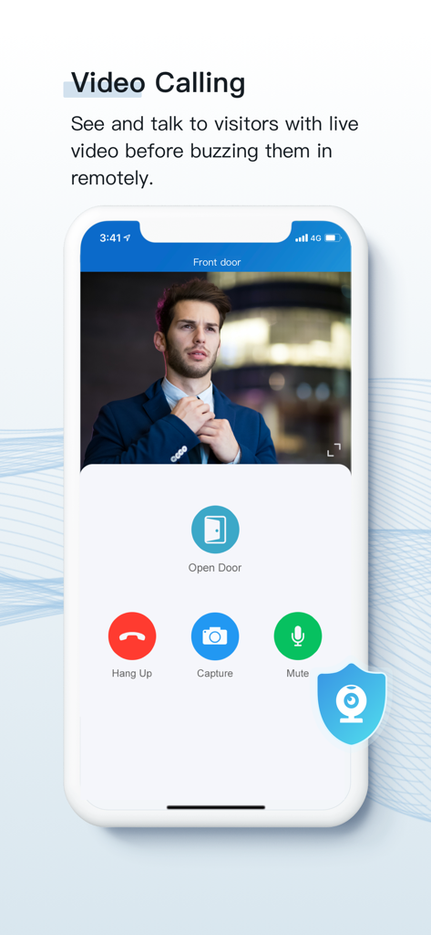 Akuvox SmartPlus - A mobile app interface displaying a live video call from a building intercom with a button to remotely open the door
