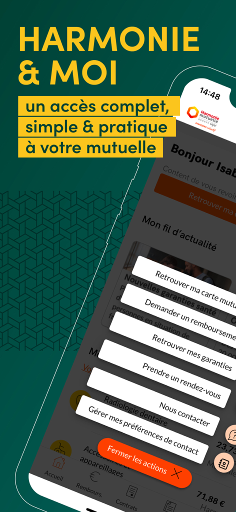 Harmonie & moi - Interface de l'application Harmonie et Moi affichant les services d'assurance maladie et les boutons d'action rapide