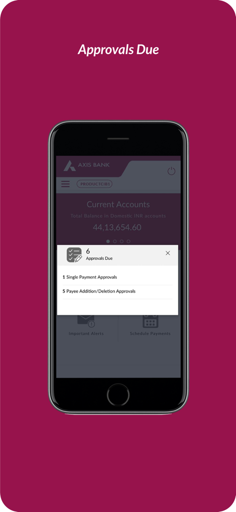 Axis Mobile - Corporate - Smartphone screen showing the Axis Mobile Corporate app with a popup notification listing pending approvals for payments and payee additions