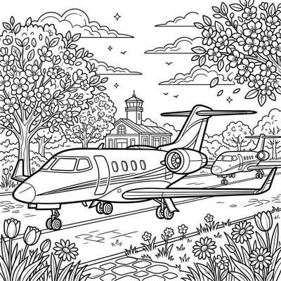 Get ready for a luxurious coloring experience with this exquisite scene featuring elegant private jets. Set against a beautiful spring backdrop filled with blooming flowers and fresh foliage, it promises detailed fun for aviation and nature lovers.