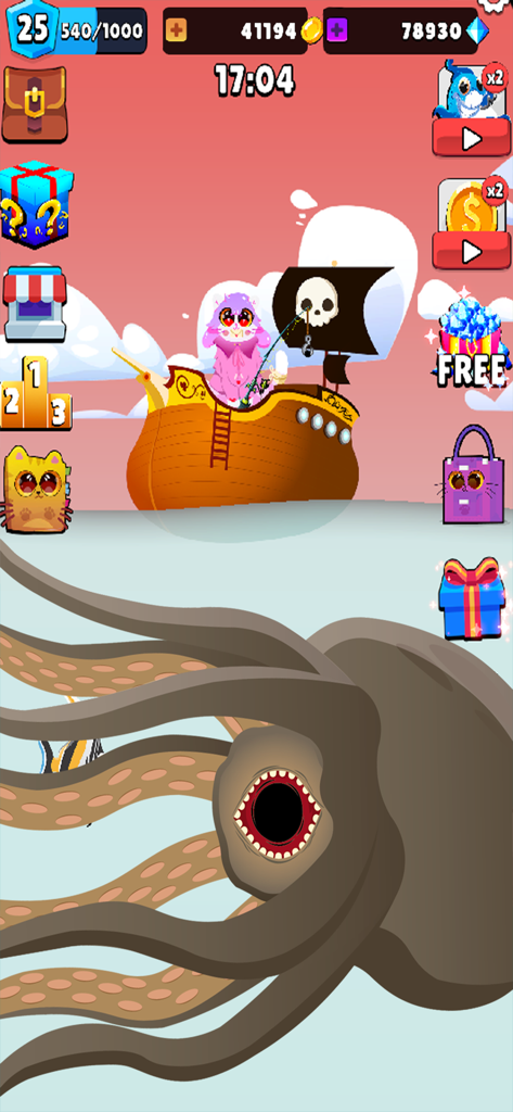 One Fish: Fishercat Collector - Un lindo gato rosa pescando desde un barco pirata mientras un calamar gigante nada debajo en el juego móvil One Fish