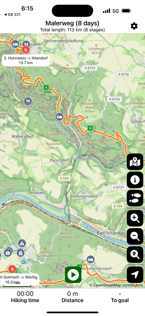 Malerweg - Germany - A map view of the Malerweg hiking trail in Germany showing stages and local amenities