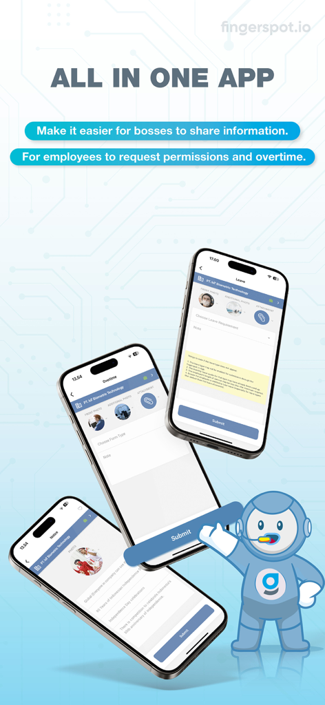Fingerspot app showing mobile screens for leave and overtime requests