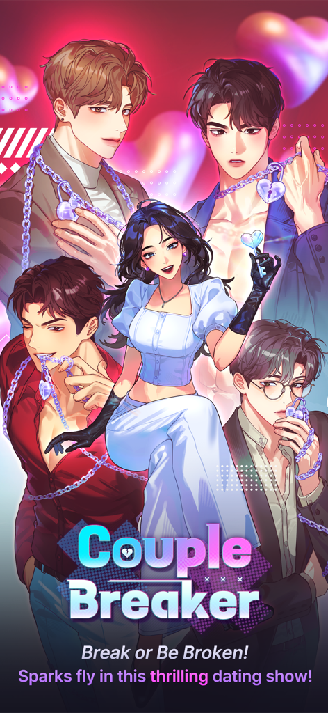 Couple Breaker: Romance Otome - カップルブレイカー ロマンス乙女ゲームのメインキャラクター。女性主人公と4人のハンサムな男性がデート番組の背景に登場。