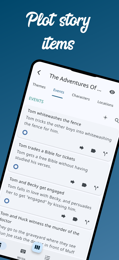 The Novelist app interface showing a list of organized story events and plot points on a mobile screen.