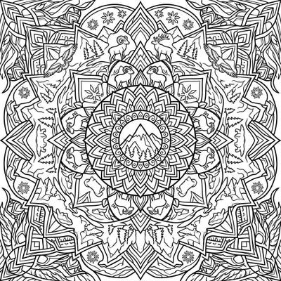 Immerse yourself in the grandeur of the Rocky Mountains with this stunning mandala coloring page. Discover symmetrical designs featuring bighorn sheep, elk, and eagles, offering a peaceful and creative escape.