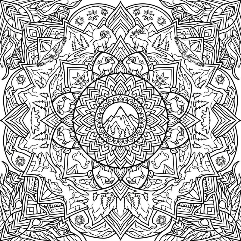 Immerse yourself in the grandeur of the Rocky Mountains with this stunning mandala coloring page. Discover symmetrical designs featuring bighorn sheep, elk, and eagles, offering a peaceful and creative escape.
