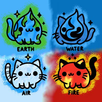 4 cats that represent the different elements, earth, water, air, and fire