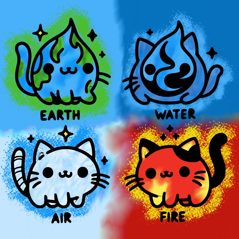 4 cats that represent the different elements, earth, water, air, and fire