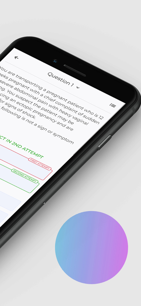 EMS Prep by Achieve - A practice exam question interface in the EMS Prep by Achieve app showing a medical scenario and attempt tracking for NREMT prep.