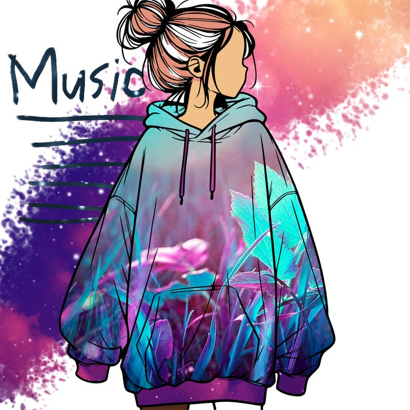 realistic girl with a oversized sweatshirt on and a bun