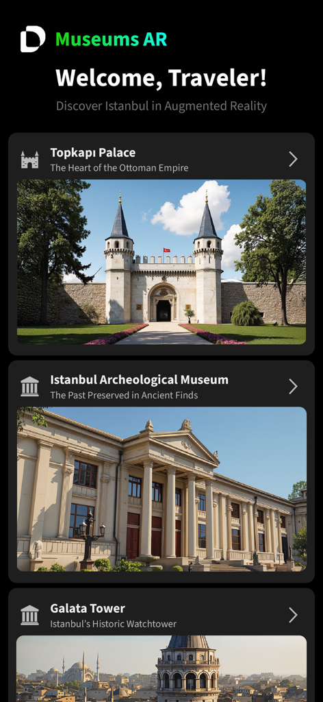 DREAL Museums - DREAL Museums app interface showing a list of historical locations in Istanbul including Topkapi Palace and Galata Tower for AR exploration