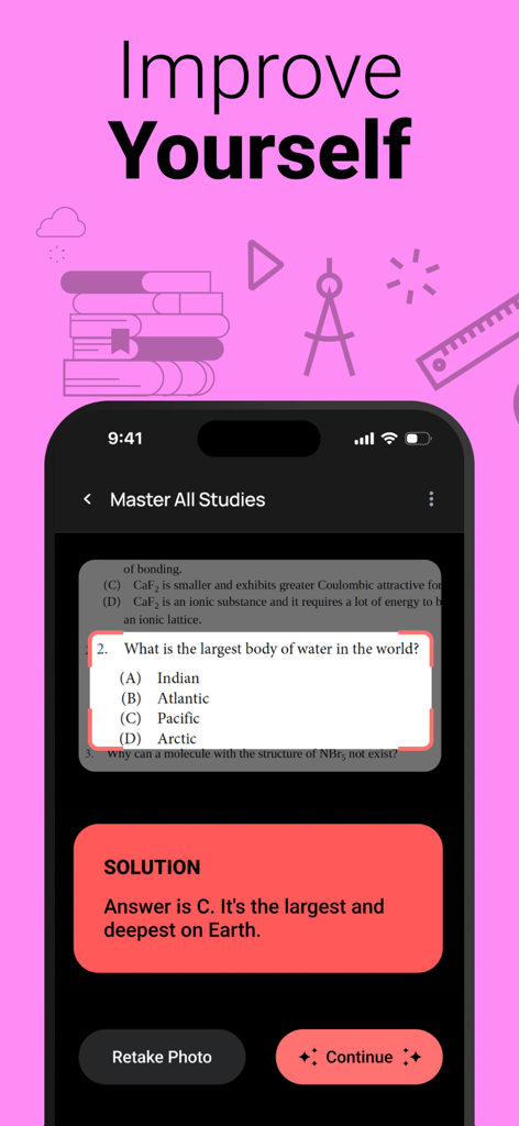 iPhone screen showing Wizard AI app scanning a multiple choice question and providing an instant solution