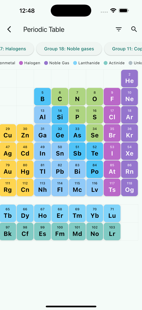 Chemistry lab pro - Tabla periódica de elementos codificada por colores en la aplicación Chemistry Lab Pro