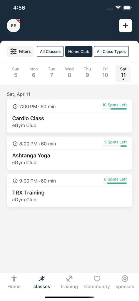 CIRCLE Fitness - A screen showing the fitness class schedule in the CIRCLE Fitness app with booking options for cardio, yoga, and TRX sessions.