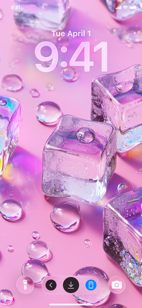 Liquid Wallpapers 26 Themes - A high-definition iPhone lock screen featuring a liquid glass wallpaper with 3D ice cubes and droplets on a vibrant pink and purple iridescent background.