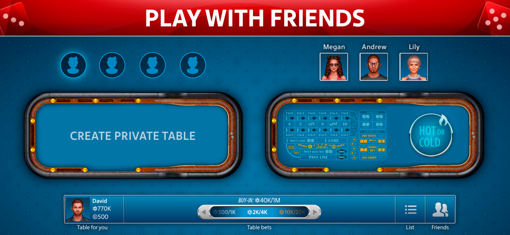 Vegas Craps by Pokerist - Interface para criar uma mesa privada e jogar craps com amigos online