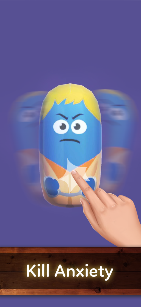 Stress Relief & Relaxing Games - A hand tapping a blue swaying character toy to relieve anxiety