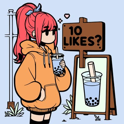 girl with oversized hoodie drinking boba and she has a high ponytail with a sign that says 10likes?