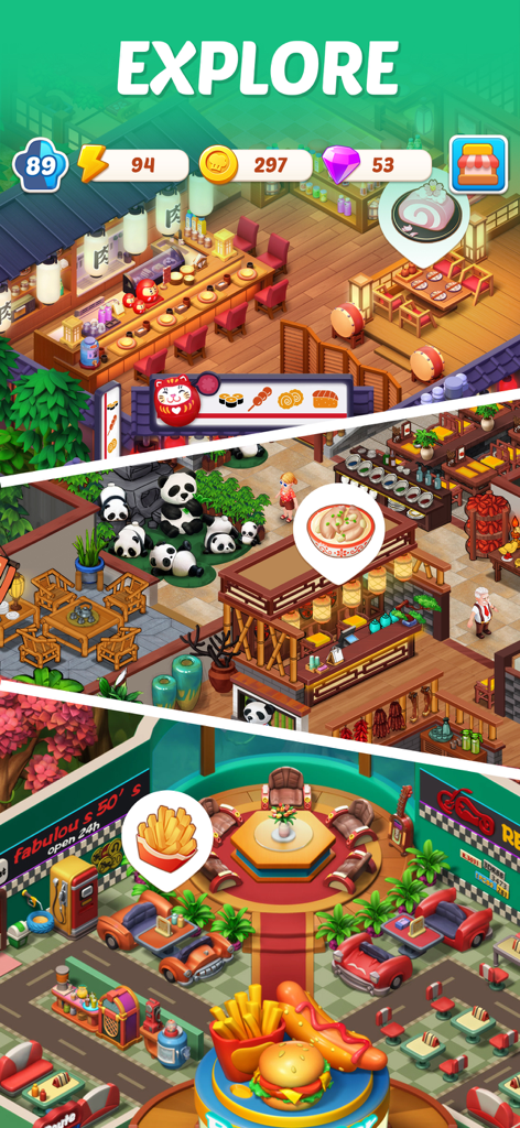 Merge Cooking® - Gameplay screenshot showing different restaurant themes like a Japanese sushi bar and a retro American diner