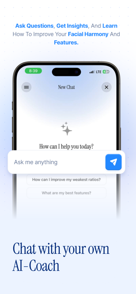 LooksLab - A mobile screen showing the LooksLab AI coach chat interface where users can ask questions about improving facial harmony and features.