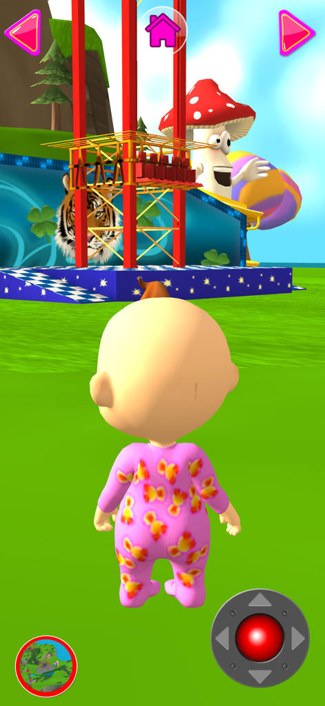 Talking Babsy Baby character exploring a colorful 3D theme park