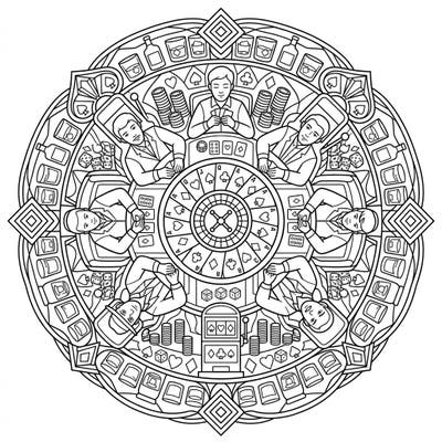 Explore a captivating Gambler's Mandala coloring page, where the thrill of casino games meets intricate radial symmetry. Immerse yourself in a world of cards, chips, and chance, designed for focused and creative coloring.
